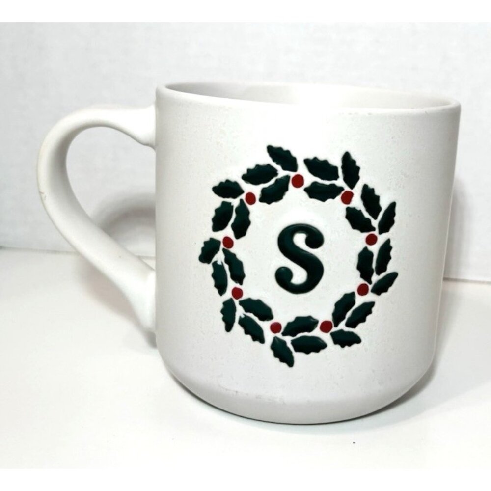 Pottery Barn Holly Alphabet Mug Letter S Christmas Holiday White Oversized 20oz